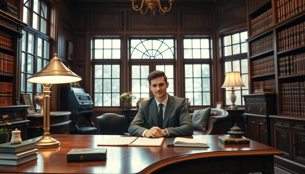 A well-appointed office in a traditional family-owned business. The scene features a confident millennial CFO sitting at a sturdy wooden desk, surrounded by family heirlooms and antique furnishings. Warm lighting from a brass desk lamp casts a cozy glow, while large windows allow natural light to filter in, illuminating the wood-paneled walls and bookshelves filled with leather-bound volumes. The CFO's attire is a tailored suit, signifying their professionalism and experience. An air of quiet contemplation pervades the space, reflecting the conservative, time-honored values of the family enterprise.