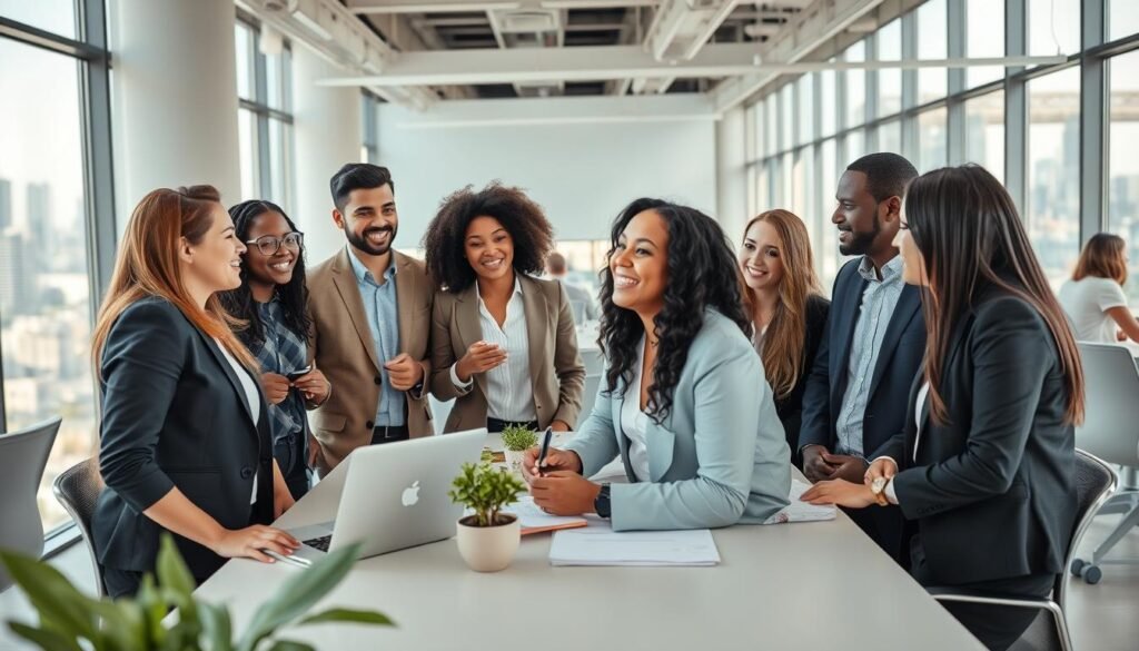 A well-composed photograph of a diverse group of talented professionals engaged in meaningful collaborative activities. The foreground features a team of confident, charismatic individuals from various cultural backgrounds, dressed in business casual attire, engaged in animated discussions and idea-sharing. The middle ground showcases a modern, well-lit open-concept office space with clean lines, ergonomic furniture, and abundant natural light. The background depicts a vibrant cityscape with skyscrapers and infrastructure, hinting at the dynamic urban setting. The overall scene conveys a sense of synergy, innovation, and cultural fit, embodying the concept of a high-performing "cultural talent" team. Captured with a wide-angle lens to emphasize the collaborative environment, the image exudes a polished, professional, and aspirational tone.