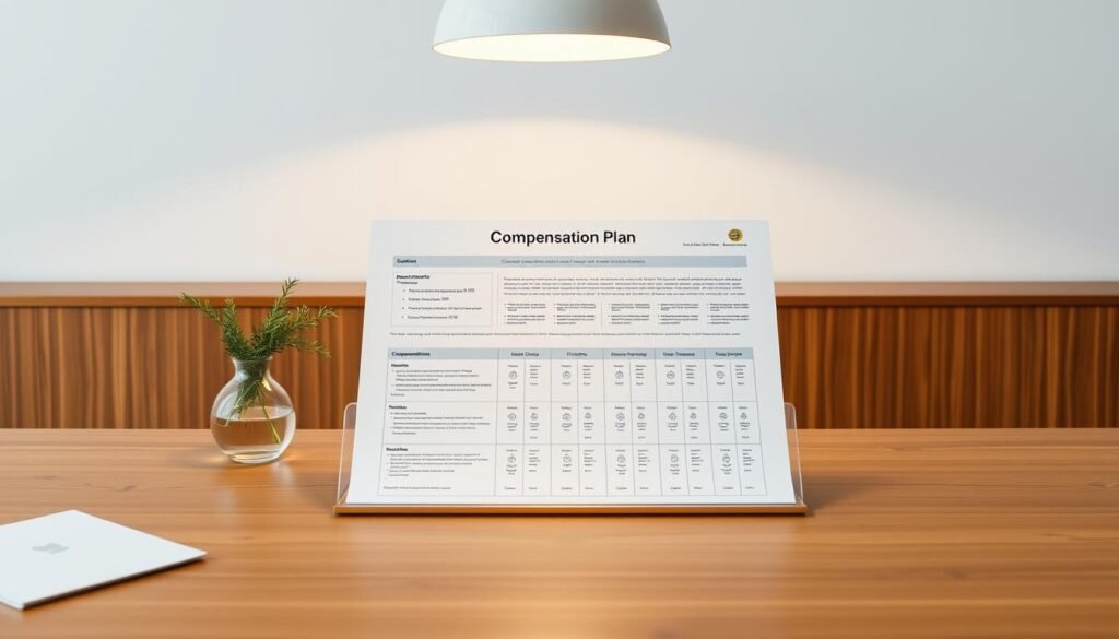 A well-designed compensation plan displayed on a sleek, minimalist office desk. The plan is presented as a clean, infographic-style document with clear sections and charts. Warm, diffused lighting from an overhead lamp creates a professional, thoughtful atmosphere. The desk is made of polished wood, with a touch of greenery in a simple vase adding a natural element. The overall scene conveys a sense of strategic planning and implementation, suitable for illustrating the "Implementación operativa: gobierno del plan, comunicación y adopción" section of the article.