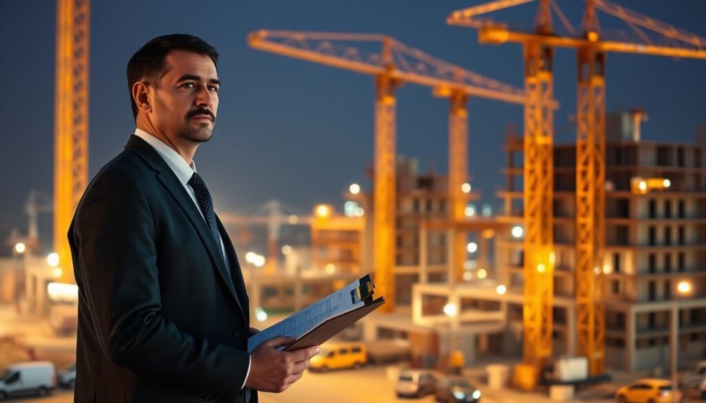 A well-dressed and focused construction director standing in the foreground, clipboard in hand, surveying a bustling construction site in the background. The director's expression is one of determination and leadership, their attire professional and authoritative. The construction site is a hive of activity, with workers, cranes, and partially built structures visible in the distance, illuminated by warm, golden-hued lighting that creates a sense of productivity and progress. The scene conveys the director's crucial role in overseeing and directing the successful completion of a construction project.