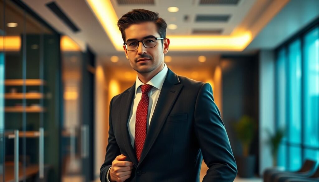 A well-dressed, confident executive with a global mindset, standing in a sleek, modern office. The manager's pose exudes authority and leadership, with a thoughtful gaze directed towards the viewer. Warm, directional lighting illuminates the scene, casting dramatic shadows and highlights. The background is blurred, emphasizing the manager as the focal point. The overall atmosphere conveys a sense of professionalism, expertise, and international business acumen.