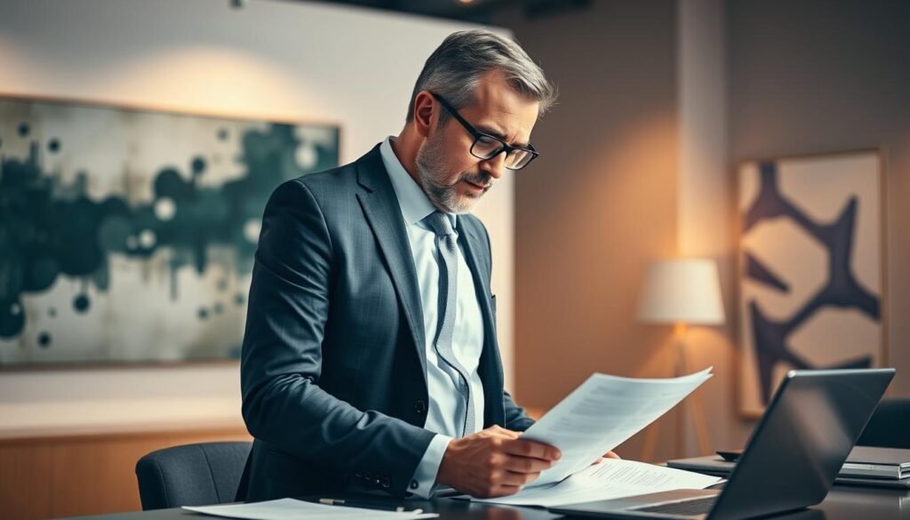 A well-dressed executive in a modern office, standing at a desk reviewing financial documents. The lighting is soft and directional, creating a warm, professional atmosphere. The background is blurred, emphasizing the subject. The executive's expression is focused, conveying expertise and diligence. The desk is neatly organized, with a laptop, calculator, and other accounting tools. The walls feature abstract artwork, suggesting an elegant, sophisticated space. The overall scene reflects the specialized knowledge and attention to detail required for a skilled Chief Financial Officer.