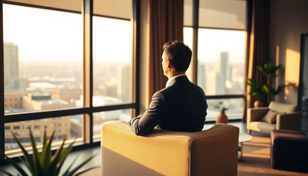 A well-dressed executive sitting in a serene office, gazing out a large window overlooking a tranquil cityscape. Warm, natural lighting filters in, creating a calming, introspective atmosphere. The executive appears relaxed and focused, embodying a sense of mental well-being and work-life balance. The office space is tastefully decorated, with minimalist furniture and greenery, suggesting a thoughtful approach to cultivating a healthy, productive environment. The scene conveys a harmonious blend of professional success and personal fulfillment, inspiring a sense of aspirational yet attainable "executive well-being".