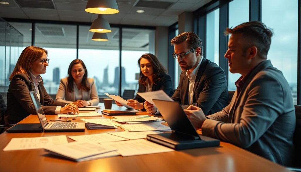 A well-lit corporate office scene with a group of professional headhunters sitting around a conference table, engaged in a discussion. The headhunters have a focused, determined expression as they review resumes and profiles of middle management candidates. The lighting is warm and inviting, casting a soft glow on the scene. The table is strewn with paperwork, laptops, and other tools of the trade, suggesting a busy, productive atmosphere. In the background, a cityscape is visible through large windows, hinting at the broader context of the executive search industry. The overall mood is one of diligence, expertise, and the pursuit of the best talent for the client's needs.