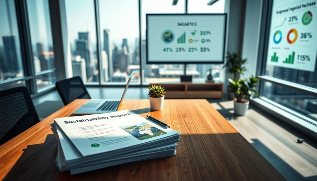 A well-lit corporate office with floor-to-ceiling windows overlooking a bustling city skyline. In the foreground, a wooden desk features a stack of documents labeled "Sustainability Report" alongside a laptop, a pen, and a potted plant. The middle ground showcases a modern, minimalist interior design with clean lines and neutral tones. In the background, a projection screen displays various infographics and charts related to environmental, social, and governance (ESG) metrics. The overall atmosphere conveys a sense of professionalism, transparency, and a commitment to sustainable business practices.