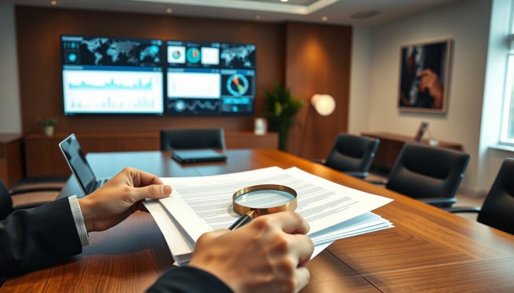 A well-lit executive office interior with a large wooden desk, a laptop, a stack of documents, and a magnifying glass prominently displayed. In the foreground, a pair of hands carefully reviewing the documents, conveying a sense of thorough investigation and due diligence. The background features a wall-mounted display screen showcasing various data analytics and monitoring tools. The overall atmosphere is one of focused professionalism, with a subtle hint of serious consideration for the decision-making process.