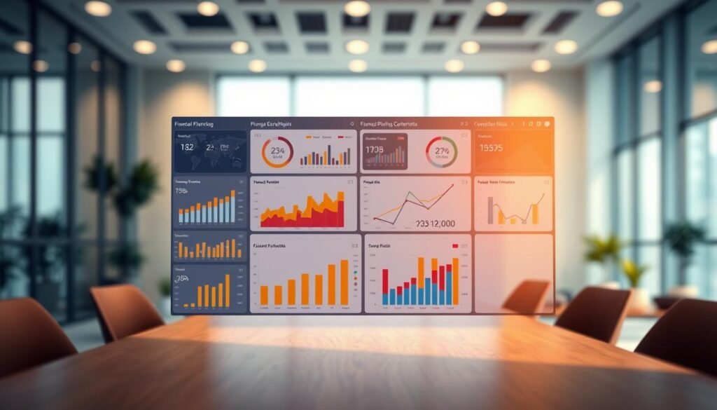 A well-lit, high-resolution 3D render of a detailed financial planning dashboard. The dashboard features a variety of dynamic charts, graphs, and visualizations depicting key financial data, forecasts, and scenario analysis. The dashboard is positioned in the middle ground, with a blurred background of a modern, minimalist office interior. The lighting is warm and natural, creating a sense of professionalism and authority. The overall mood is one of analytical precision, strategic foresight, and data-driven decision making, reflecting the article's focus on long-term financial management for globally distributed enterprises.