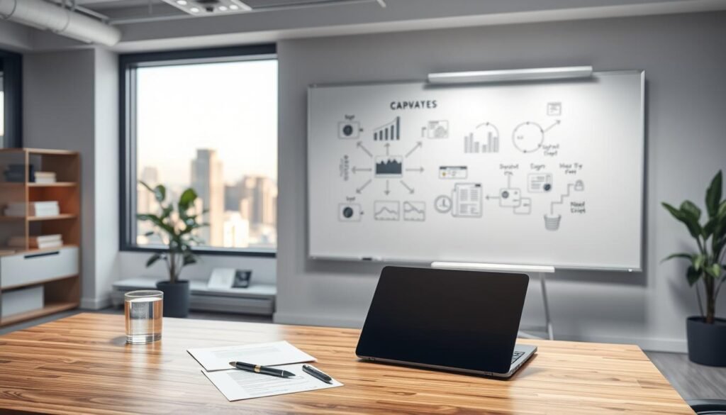 A well-lit, high-resolution image of a modern office workspace. In the foreground, a sleek, minimalist wooden desk with a laptop, a stack of papers, and a pen. On the desk, a glass of water and a potted plant. In the middle ground, a whiteboard on the wall displaying a hand-drawn diagram with arrows, charts, and data visualizations. In the background, a large window overlooking a city skyline, with warm, natural lighting filling the space. The overall atmosphere is one of focused productivity, data analysis, and strategic planning. A well-lit, high-resolution image of a modern office workspace. In the foreground, a sleek, minimalist wooden desk with a laptop, a stack of papers, and a pen. On the desk, a glass of water and a potted plant. In the middle ground, a whiteboard on the wall displaying a hand-drawn diagram with arrows, charts, and data visualizations. In the background, a large window overlooking a city skyline, with warm, natural lighting filling the space. The overall atmosphere is one of focused productivity, data analysis, and strategic planning.