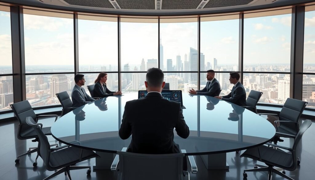 A well-lit, high-resolution rendering of a modern corporate treasury department, featuring a glass-walled conference room with a sleek oval table and ergonomic chairs. The room is bathed in soft, natural light from large windows overlooking a bustling urban skyline. On the table, a tablet displays a secure digital dashboard, showcasing real-time data on cryptocurrency holdings, blockchain-based transaction records, and AI-powered risk analytics. A team of business executives in tailored suits discuss the governance and policies surrounding the integration of these digital assets into the company's overall financial strategy.