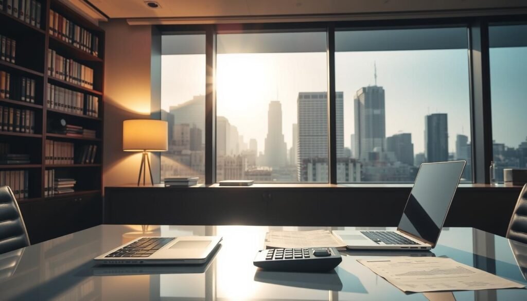 A well-lit, meticulously detailed office scene depicting compliance accounting. In the foreground, a sleek desk with a laptop, calculator, and neatly organized papers. The middle ground shows a bookshelf filled with accounting manuals and audit guidelines, casting a warm glow from a floor lamp. In the background, a large window overlooking a bustling city skyline, with sunlight streaming in. The overall atmosphere conveys a sense of professionalism, diligence, and attention to detail, reflecting the rigors of compliance accounting.