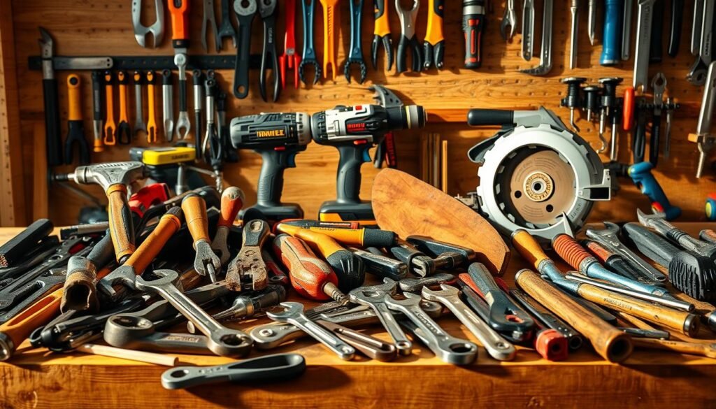 A well-lit, meticulously detailed still life of various construction and maintenance tools arranged on a wooden workbench. In the foreground, an assortment of hammers, pliers, wrenches, and screwdrivers in a range of sizes and materials. In the middle ground, a power drill, a cordless impact driver, and a circular saw, their surfaces gleaming. In the background, a pegboard with a variety of hand tools neatly organized. The lighting is warm and natural, casting gentle shadows that accentuate the textures and forms of the tools. The overall composition is balanced and visually engaging, creating a sense of professionalism and functionality.
