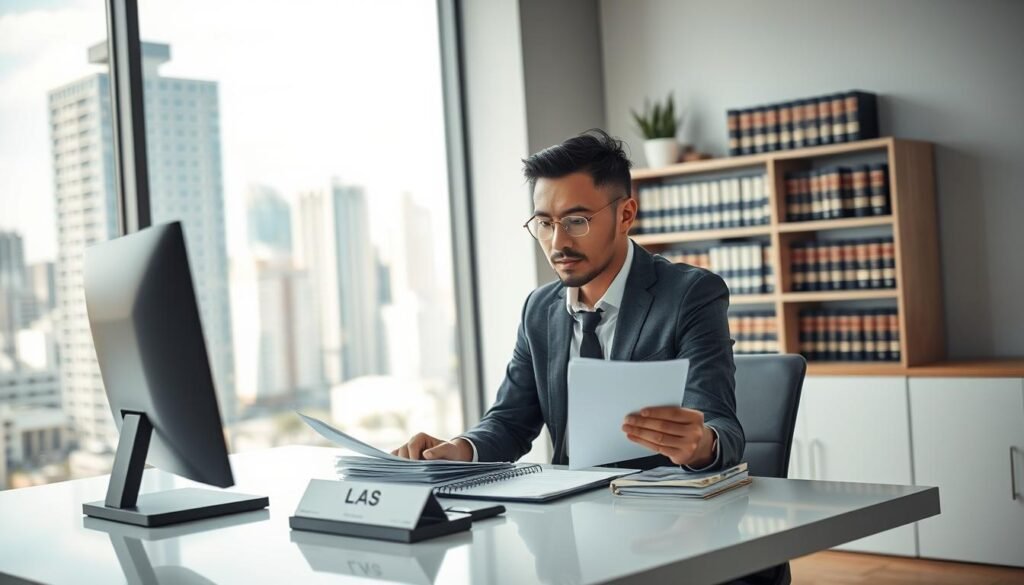 A well-lit modern office interior, with a large window overlooking a bustling city skyline. In the foreground, a professional-looking person sits at a sleek, minimalist desk, engrossed in reviewing a stack of documents. The desk is adorned with a nameplate, a computer monitor, and a potted plant, conveying a sense of order and attention to detail. The middle ground features a bookshelf filled with legal volumes and compliance manuals, hinting at the importance of regulations and ongoing obligations. The background is softly blurred, creating a sense of depth and focus on the central figure, who represents the diligence and commitment required for maintaining compliance in a SAS company operating in Colombia. A well-lit modern office interior, with a large window overlooking a bustling city skyline. In the foreground, a professional-looking person sits at a sleek, minimalist desk, engrossed in reviewing a stack of documents. The desk is adorned with a nameplate, a computer monitor, and a potted plant, conveying a sense of order and attention to detail. The middle ground features a bookshelf filled with legal volumes and compliance manuals, hinting at the importance of regulations and ongoing obligations. The background is softly blurred, creating a sense of depth and focus on the central figure, who represents the diligence and commitment required for maintaining compliance in a SAS company operating in Colombia.