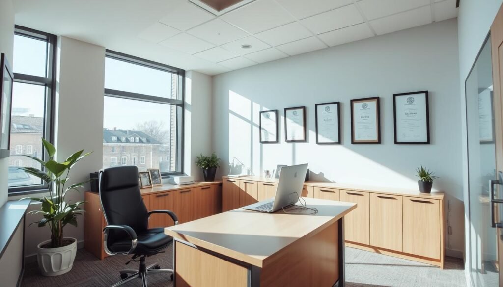A well-lit, modern office interior with a prominent desk, a comfortable chair, and a large window providing natural illumination. The space has a professional and organized atmosphere, with clean lines, neutral colors, and minimal decor. A potted plant and a few framed certificates or awards add subtle personal touches. The room conveys a sense of efficiency and attention to detail, reflecting the meticulous management of a registered office.