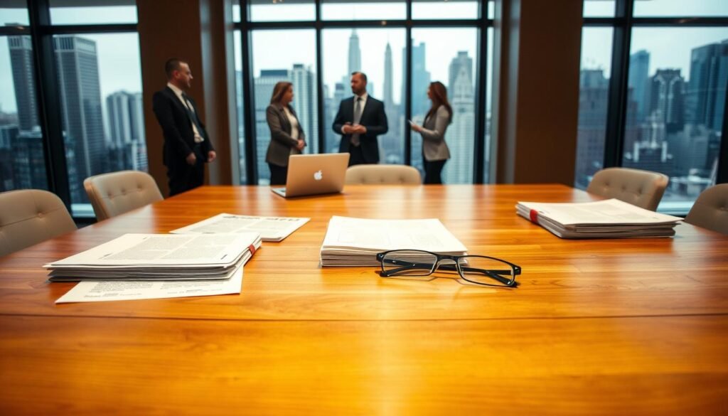 A well-lit office setting with a large wooden desk in the foreground. On the desk, several neatly organized folders, a laptop, and a pair of reading glasses, suggesting an active review process. In the middle ground, a team of professionals in business attire, engaged in animated discussion, indicating the collaborative nature of the selection process. The background features a large window overlooking a bustling city skyline, conveying a sense of professionalism and competence. The overall atmosphere is one of diligence, efficiency, and attention to detail, reflecting the careful selection of top-tier candidates.