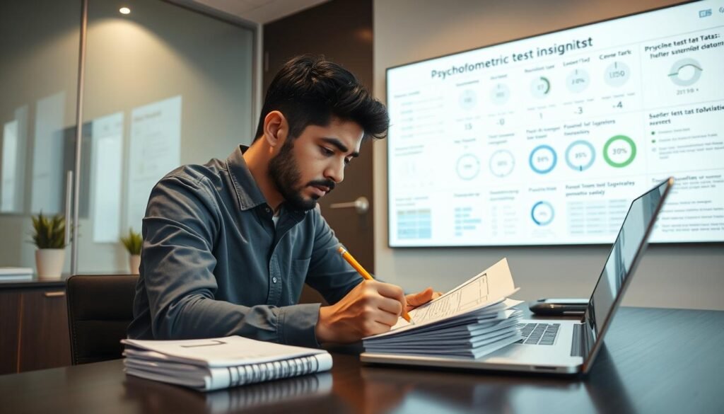 A well-lit professional office setting, with a neatly organized desk featuring a laptop, a stack of papers, and a pencil. In the foreground, a person sitting at the desk, deep in concentration, carefully reviewing and annotating the papers in front of them. The background shows a wall-mounted display presenting various psychometric test data and insights. The atmosphere is one of focused professionalism, with subtle lighting and muted colors that convey a sense of precision and attention to detail.