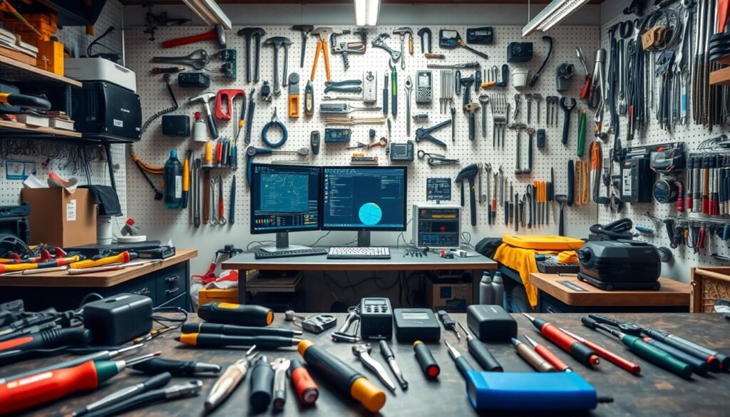 A well-lit workshop interior, showcasing an array of critical tools and equipment. In the foreground, a sturdy workbench displays an assortment of precision instruments, including screwdrivers, pliers, and a soldering iron. In the middle ground, a state-of-the-art computer system with multiple monitors sits on a desk, surrounded by various electronic components and circuit boards. The background features a wall-mounted pegboard filled with a diverse range of tools, from hammers and wrenches to specialized diagnostic devices. The scene conveys a sense of technical expertise, problem-solving, and the intricate challenges faced in navigating technological restrictions between the United States and China.