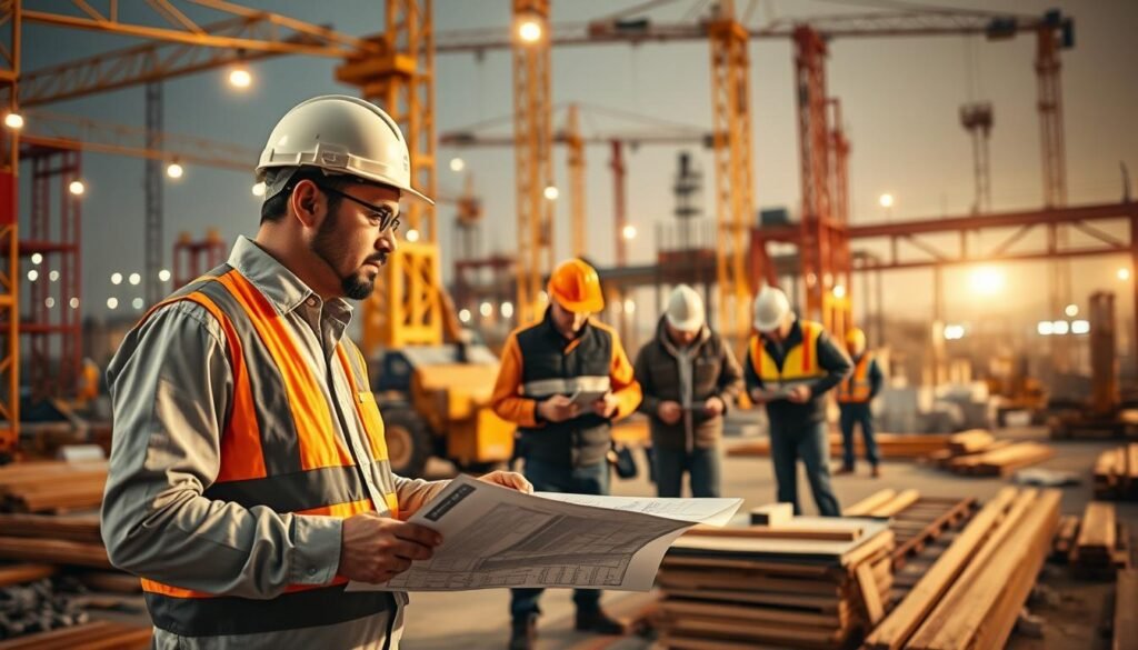 A well-organized construction site with workers diligently overseeing quality control procedures. In the foreground, a construction engineer examines blueprints while observing the ongoing work. In the middle ground, a team of workers carefully measure and inspect materials, ensuring compliance with specifications. The background features cranes, scaffolding, and various construction equipment, all bathed in warm, diffused lighting that creates a sense of focused productivity. The overall atmosphere conveys a harmonious integration of management, quality control, and skilled labor, reflecting the comprehensive approach to project management.