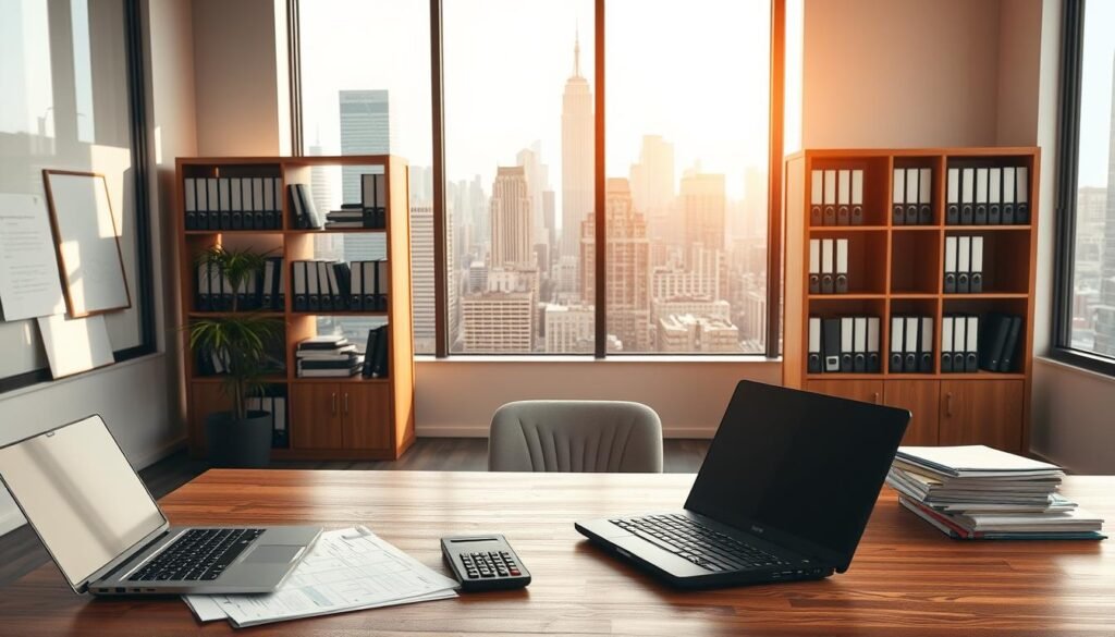 A well-organized office interior, with a clean and professional atmosphere. The foreground features a wooden desk with a laptop, calculator, and a stack of documents symbolizing financial paperwork. The middle ground showcases a bookshelf filled with industry-relevant books and binders, conveying a sense of expertise and knowledge. The background depicts a large window overlooking a bustling city skyline, bathed in warm, natural lighting that casts a pleasant glow throughout the scene. The overall mood is one of productivity, stability, and the careful management of employee compensation and benefits.