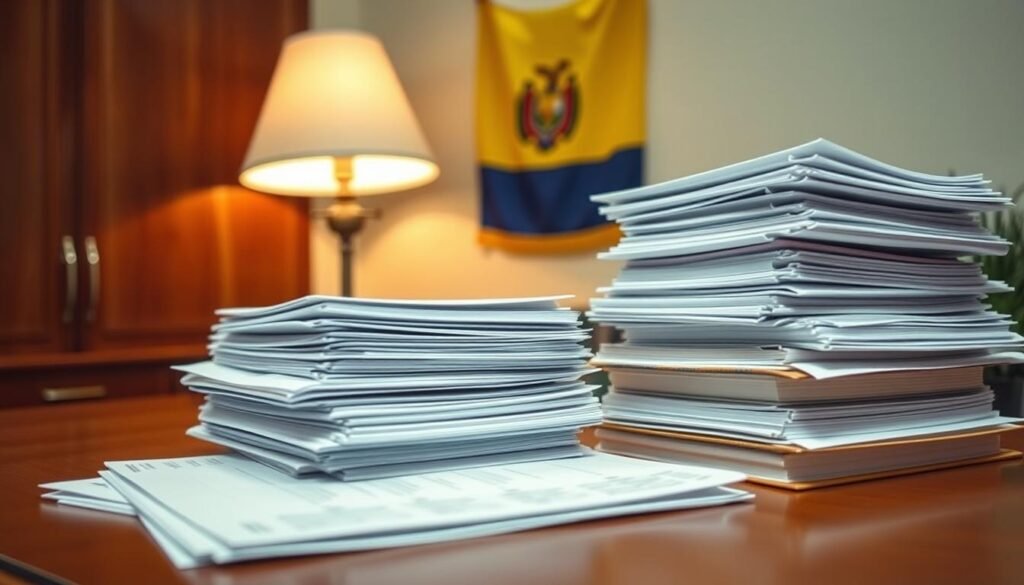 Accounting books compliance: Stacks of neatly organized ledgers, tax documents, and financial reports sit on a polished wooden desk. A desk lamp casts a warm glow, illuminating the meticulous attention to detail. In the background, a Colombian flag hangs on the wall, symbolizing the local regulatory environment. The overall scene conveys a sense of order, professionalism, and adherence to legal and financial requirements for setting up a U.S. company branch in Colombia.