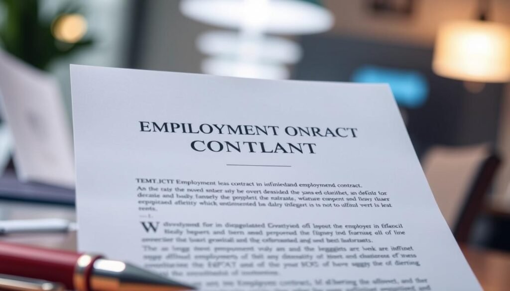 An elegant, neatly typed employment contract against a blurred, professional office backdrop. The contract is centered, with crisp typography and formal legal language indicating an indefinite employment term. Soft, diffused lighting casts a warm, authoritative glow, while a depth of field effect focuses attention on the contract details. The overall scene conveys a sense of stability, security, and long-term commitment between employer and employee within the regulated financial sector.