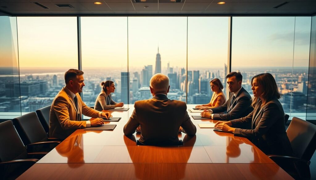 An executive team seated at a large conference table, illuminated by warm, golden lighting. In the foreground, three distinct roles are represented - a CEO at the head, a CFO to their right, and a COO to their left. Each individual's posture, attire, and demeanor conveys their specific responsibilities and decision-making authority. The middle ground showcases a range of supporting roles, such as a head of HR, a marketing director, and a project manager, all engaged in discussion. In the background, a panoramic view of a modern cityscape, symbolizing the broader business landscape. The overall composition and mood suggest a sense of collaboration, strategic planning, and the nuanced interplay of executive-level roles and responsibilities.