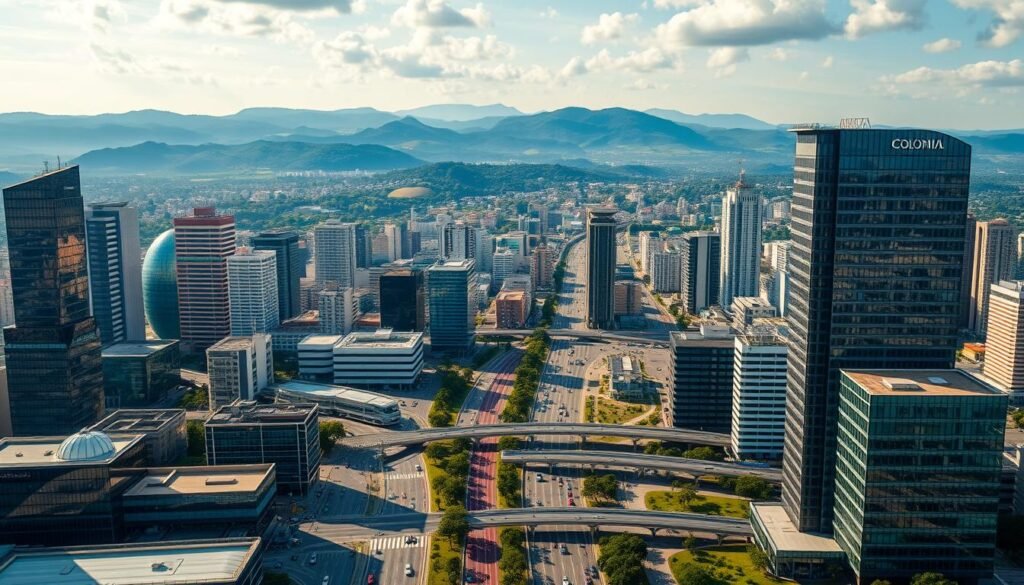 An expansive Colombian cityscape, its towering skyscrapers and modern office buildings standing as a testament to the nation's thriving commercial infrastructure. In the foreground, a bustling street scene with sleek, high-tech workspaces, their glass facades reflecting the warm, golden light of the sun. In the middle ground, a network of well-maintained roads and transportation hubs, bustling with commuters and cargo vehicles. The background is dominated by a rolling, verdant landscape, hinting at the country's natural beauty and the harmonious integration of urban development and the environment. The overall atmosphere conveys a sense of progress, productivity, and Colombia's readiness to embrace the demands of the modern workforce.