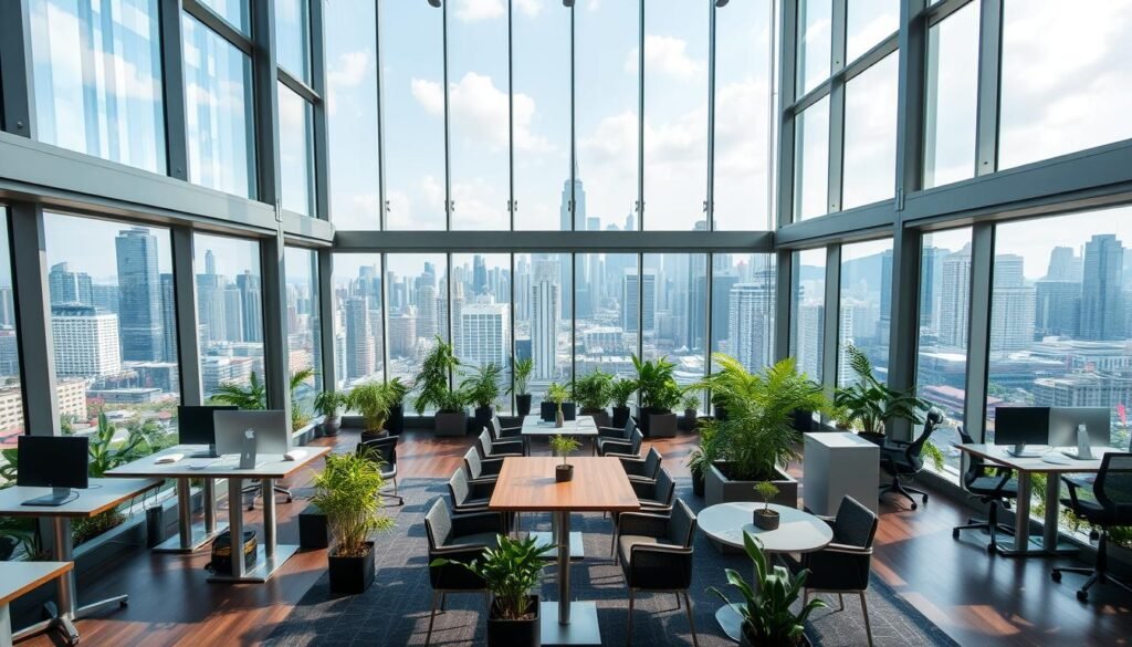 An expansive coworking space with floor-to-ceiling windows, flooding the interior with natural light. Sleek and modern furniture, including adjustable standing desks, comfortable chairs, and ample power outlets. A central communal area with high-top tables and casual seating, fostering collaboration and camaraderie among the digital nomads. The space is adorned with lush greenery, creating a tranquil and rejuvenating atmosphere. In the background, a panoramic view of a bustling city skyline with towering skyscrapers, conveying a sense of global connectivity. The overall scene exudes a balance of productivity, community, and work-life harmony, perfectly suited for the modern, location-independent professional.