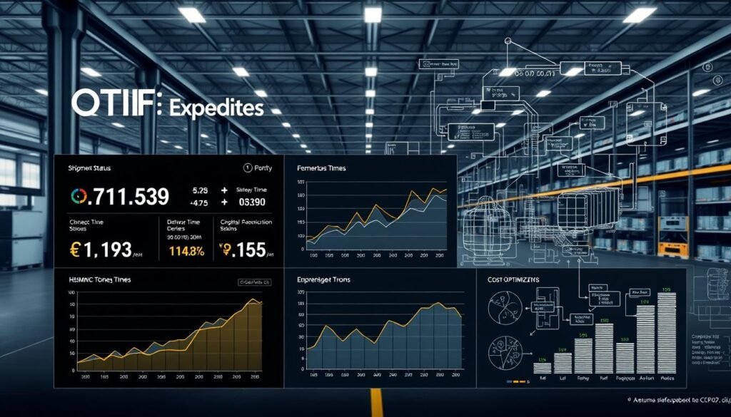 An industrial-style infographic displaying key logistical metrics for OTIF (On-Time In-Full) expedites. The foreground features a sleek, minimalist dashboard with clean typography and icons conveying real-time data on shipment status, delivery times, and cost optimization. The middle ground showcases dynamic line graphs and bar charts illustrating historical trends and performance benchmarks. In the background, a crisp, technical blueprint of a distribution center or warehouse provides context, with intricate schematics and technical specifications. The overall mood is one of precision, efficiency, and data-driven decision making, reflecting the expertise of a seasoned CFO overseeing a logistics operation.