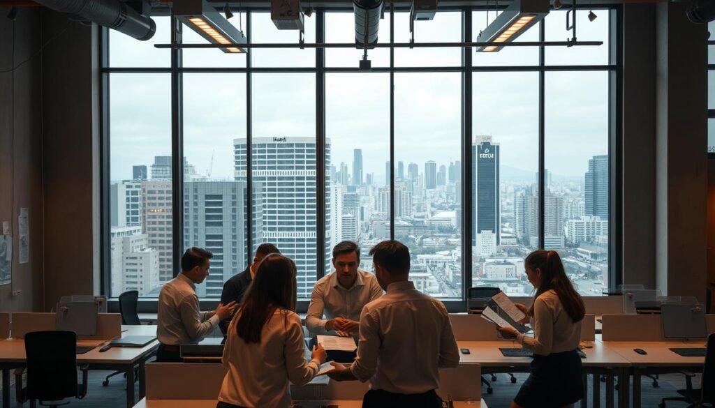An industrial-style office interior with a minimalist aesthetic, featuring a large transparent glass window overlooking the cityscape of Medellín. In the foreground, a team of professionals engaged in a collaborative meeting, discussing resumes and personnel files, conveying the process of candidate selection. Warm, directional lighting from overhead fixtures casts a focused glow, creating a sense of purpose and seriousness. The middle ground showcases modern, ergonomic workstations with subtle branding, hinting at the company's identity. In the background, the bustling city skyline provides a dynamic, vibrant context, representing the wider talent pool and opportunities available in Medellín, Colombia. An industrial-style office interior with a minimalist aesthetic, featuring a large transparent glass window overlooking the cityscape of Medellín. In the foreground, a team of professionals engaged in a collaborative meeting, discussing resumes and personnel files, conveying the process of candidate selection. Warm, directional lighting from overhead fixtures casts a focused glow, creating a sense of purpose and seriousness. The middle ground showcases modern, ergonomic workstations with subtle branding, hinting at the company's identity. In the background, the bustling city skyline provides a dynamic, vibrant context, representing the wider talent pool and opportunities available in Medellín, Colombia.