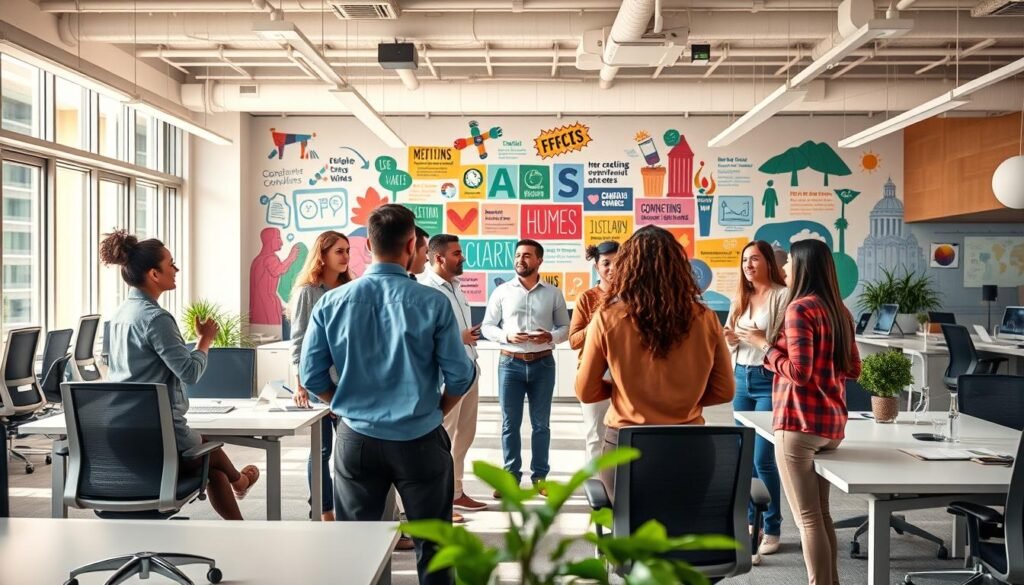 An office environment with a vibrant and collaborative atmosphere. In the foreground, a group of diverse professionals engaged in lively discussion, gesturing animatedly as they share ideas. The middle ground features a modern, open-concept workspace with sleek desks, ergonomic chairs, and ample natural lighting streaming through large windows. The background showcases a vibrant mural depicting the company's core values and cultural ethos, adding a sense of purpose and unity. The lighting is warm and inviting, creating a mood of productivity and camaraderie. The overall scene conveys a dynamic, innovative, and employee-centric organizational life.