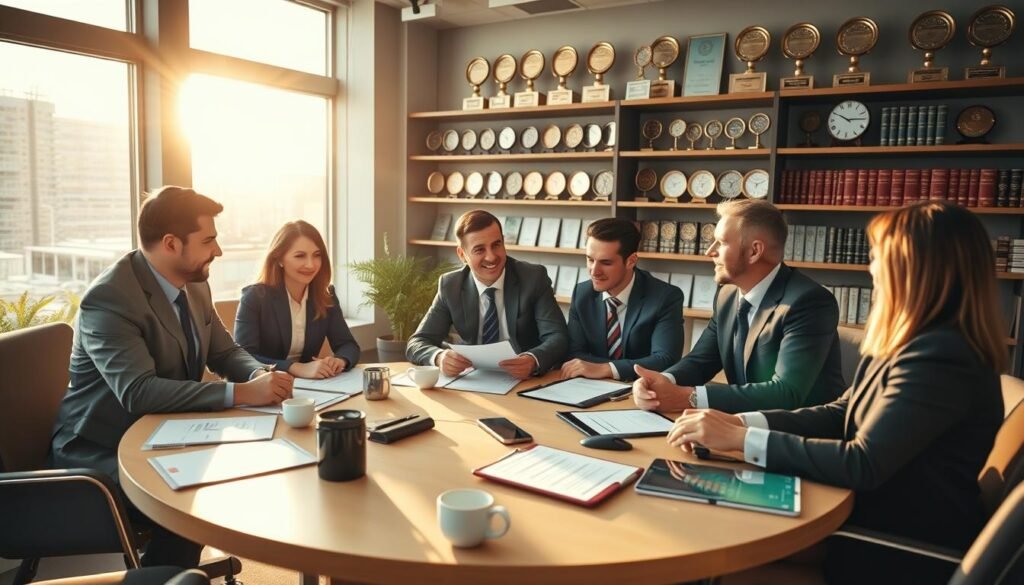 An office setting featuring a group of successful financial professionals in a meeting, lit by warm natural light streaming through large windows. The foreground shows a round conference table with businesspeople in suits engaged in a discussion, their expressions focused and confident. The middle ground showcases various financial documents, tablets, and coffee mugs, conveying a sense of productivity. The background features shelves of financial records and awards, highlighting the company's expertise and track record. The overall atmosphere exudes a professional, aspirational tone suitable for a financial services organization.