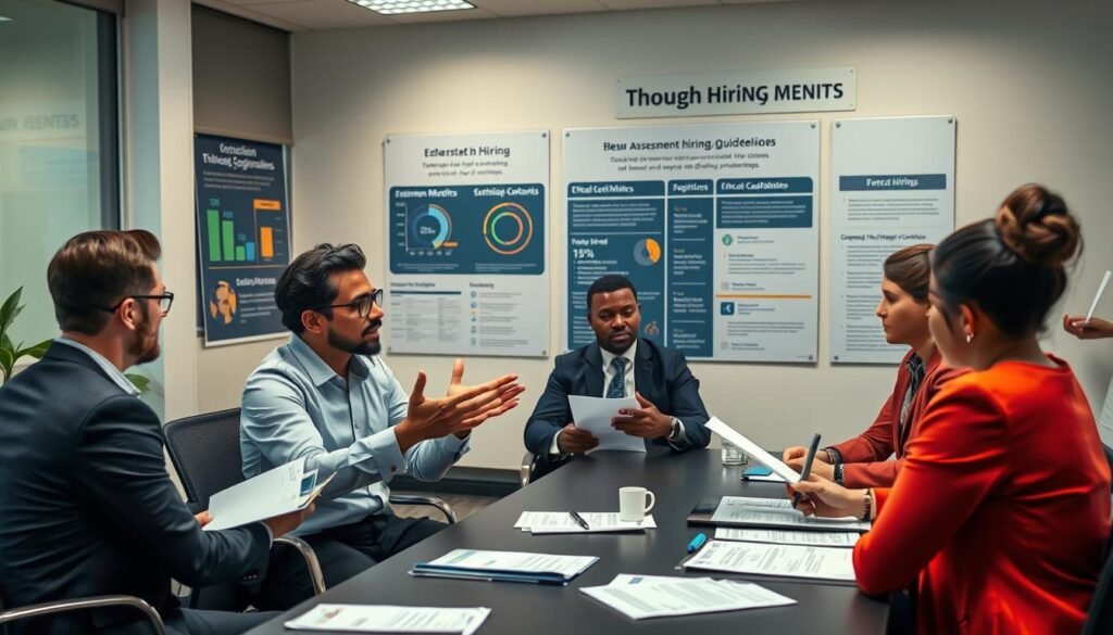 An office setting with professionals engaged in a thorough, unbiased hiring process. The scene depicts a group of recruiters and applicants seated around a conference table, intently reviewing resumes and portfolios under warm, neutral lighting. In the foreground, a human resources manager gestures while explaining assessment criteria to the panel, conveying a sense of thoughtful, data-driven decision making. In the background, a large display board showcases diversity metrics and ethical hiring guidelines, emphasizing the organization's commitment to inclusive, equitable practices. The overall atmosphere is one of professionalism, transparency and a focus on identifying the most qualified candidates based on merit alone.
