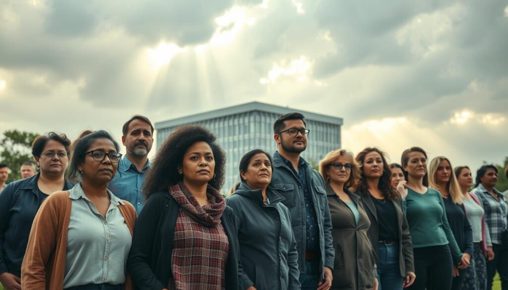 An outdoor scene featuring a diverse group of people standing in solidarity, representing the concept of human rights and non-discrimination in the workplace. The foreground shows individuals of different ages, races, and genders, their faces expressing determination and unity. The middle ground depicts a modern office building, its architecture suggesting a corporate setting. The background features a cloudy sky with rays of sunlight breaking through, symbolizing the hope and progress associated with the protection of worker's rights. The lighting is soft and natural, creating a sense of warmth and inclusivity. The overall composition conveys a message of equality, dignity, and the importance of a respectful and non-discriminatory work environment.