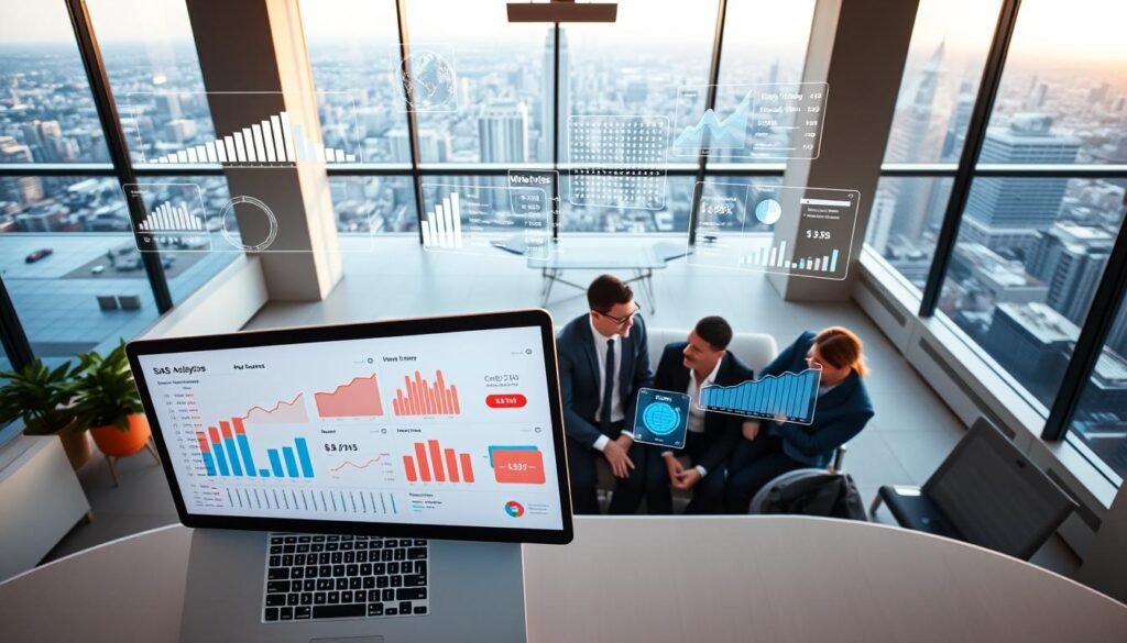 An overhead view of a sleek, modern office workspace with clean lines and minimalist design. In the foreground, a laptop screen displays a SaaS analytics dashboard with colorful graphs, charts, and key performance indicators. Floating above the workspace, holographic data visualizations illustrate various SaaS business metrics such as monthly recurring revenue, customer acquisition cost, and churn rate. The middle ground features a team of executives engaged in a thoughtful discussion, their faces illuminated by the glow of the analytics. In the background, large windows offer a panoramic city skyline, conveying a sense of scale and the broader economic landscape. Warm, natural lighting filters through, creating a professional yet inviting atmosphere conducive to strategic decision-making. An overhead view of a sleek, modern office workspace with clean lines and minimalist design. In the foreground, a laptop screen displays a SaaS analytics dashboard with colorful graphs, charts, and key performance indicators. Floating above the workspace, holographic data visualizations illustrate various SaaS business metrics such as monthly recurring revenue, customer acquisition cost, and churn rate. The middle ground features a team of executives engaged in a thoughtful discussion, their faces illuminated by the glow of the analytics. In the background, large windows offer a panoramic city skyline, conveying a sense of scale and the broader economic landscape. Warm, natural lighting filters through, creating a professional yet inviting atmosphere conducive to strategic decision-making.