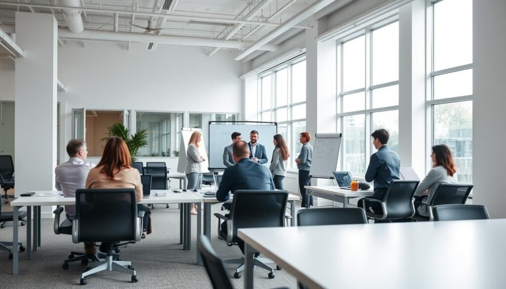 Assessment center in a classic corporate office setting, with a clean and professional atmosphere. An open-plan workspace with desks, chairs, and a whiteboard in the foreground. In the middle ground, a group of businesspeople engaged in a collaborative activity, with a sense of teamwork and evaluation. The background features large windows allowing natural light to flood the space, creating a bright and airy ambiance. The scene conveys a sense of productivity, assessment, and executive-level decision making.