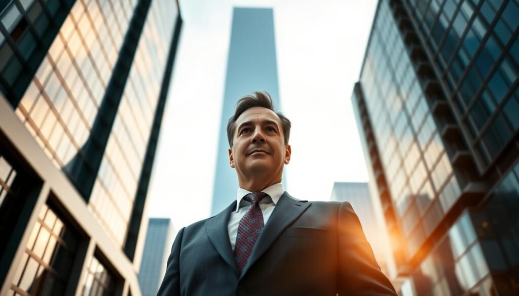 Bonos, a successful CEO with an air of confidence and charisma, stands tall against a backdrop of sleek office towers. Dressed in a tailored suit, he exudes an aura of prosperity and power. The lighting is warm and flattering, emphasizing his authoritative presence. The camera angle is slightly low, lending a sense of gravitas to the scene. The overall atmosphere conveys a mood of success, ambition, and the allure of the executive lifestyle that a golden parachute can offer.