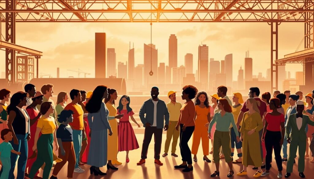 Cultura: a vibrant celebration of diversity and inclusion, set against the backdrop of a modern, industrial landscape. In the foreground, a kaleidoscope of figures representing various ethnicities, ages, and abilities, engaged in dynamic, collaborative interactions. The middle ground features a sleek, minimalist factory environment, with clean lines and muted tones that complement the rich, vibrant hues of the foreground. The background showcases a dynamic, ever-evolving cityscape, with towering skyscrapers and a sense of forward momentum. Warm, diffused lighting casts a gentle glow over the scene, evoking a sense of warmth, unity, and innovation. The overall composition conveys a powerful message of how embracing diversity and neurodiversity can drive progress and creativity within the manufacturing industry.