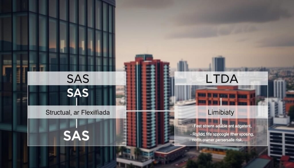 Detailed architectural diagram showcasing the structural, liability, and flexibility differences between a Colombian SAS (Sociedad por Acciones Simplificada) and an LTDA (Limitada) company. In the foreground, a modern office building with clean lines and glass facades represents the SAS structure - streamlined, adaptable, and minimizing personal liability. In the middle ground, a more traditional brick-and-mortar building symbolizes the LTDA - rigid, hierarchical, and exposing owners to greater personal risk. The background features a vibrant cityscape, conveying the dynamic business environment where these two distinct company types thrive. Warm lighting, a slightly elevated camera angle, and a balanced composition create a sense of professionalism and authority.