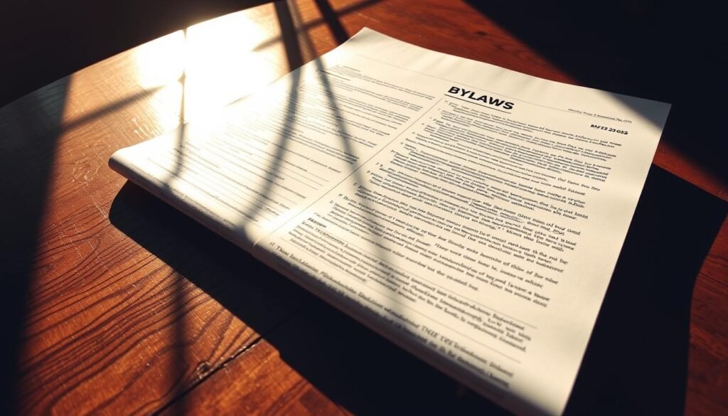 Detailed bylaws document resting on a polished wooden table, casting long shadows under a warm, directional light. The pages are crisp and well-organized, with intricate legal terminology and complex governance structures visible. The camera angle is slightly elevated, creating a sense of authority and importance. The mood is one of professionalism and precision, reflecting the complexity and gravitas of corporate governance. The background is blurred, keeping the focus on the bylaws as the central subject.