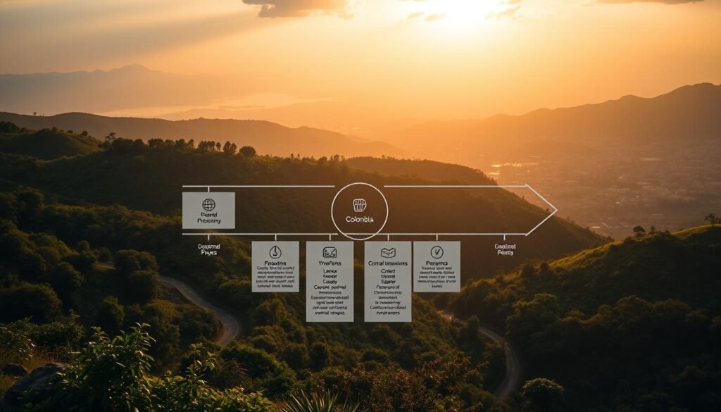 Detailed corporate implementation roadmap depicting the practical steps for subsidiaries operating in Colombia. A large, visually engaging diagram occupies the center, showcasing various phases and milestones with clear icons and directional flow. The background features a muted Colombian landscape with lush vegetation, rolling hills, and a serene cityscape in the distance, bathed in warm, golden lighting. The overall mood is professional, informative, and aspirational, reflecting the subject's importance and the subsidiaries' journey towards effective governance.