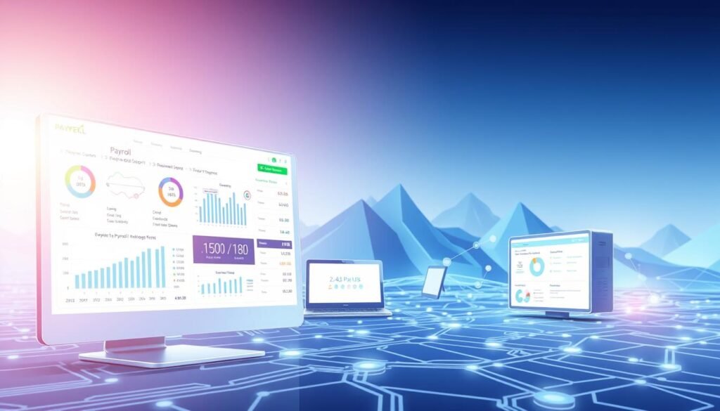 Detailed digital illustration of an electronic payroll support system, rendered in a clean and modern style. In the foreground, a sleek, futuristic interface with interactive charts, graphs, and data visualizations displaying employee pay information. In the middle ground, a network of interconnected devices and servers, conveying the seamless flow of payroll data. The background features an abstract, geometric landscape in shades of blue and gray, evoking a sense of technological sophistication. Bright highlights, dynamic camera angles, and a subtle depth of field create a visually striking and informative depiction of a comprehensive electronic payroll management solution.