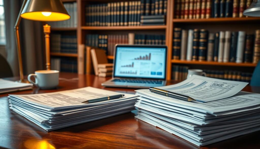 Detailed image of a desktop workspace focused on mergers and acquisitions (M&A) documentation. In the foreground, a stack of financial reports, calculations, and due diligence files sits on a polished wooden desk, illuminated by a warm desk lamp. In the middle ground, a laptop displays financial models and charts, with a pen and a cup of coffee nearby. In the background, a bookshelf contains volumes on corporate finance, law, and business strategy, hinting at the depth of expertise required for successful M&A transactions. The overall mood is one of focused professionalism, reflecting the specialized qualifications and experience needed to navigate the complexities of mergers and acquisitions.