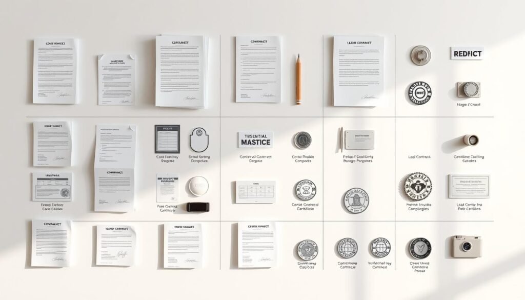 Detailed schematic diagram of essential business documents, legal contracts, and compliance certificates required for foreign-owned companies operating in Colombia. Crisp, clean layout with a professional, corporate feel. Subtle warm lighting from the side casts shadows, creating depth and dimension. Precise, technical illustrations of each item against a minimalist white background, arranged in an organized grid pattern. Muted color palette of grays, blues, and blacks conveys an authoritative, serious tone. Careful attention to realistic textures and materials, from the smooth surface of the paperwork to the metallic hardware of the stamps and seals. Overall sense of order, structure, and attention to detail to reflect the rigorous requirements for doing business in Colombia.
