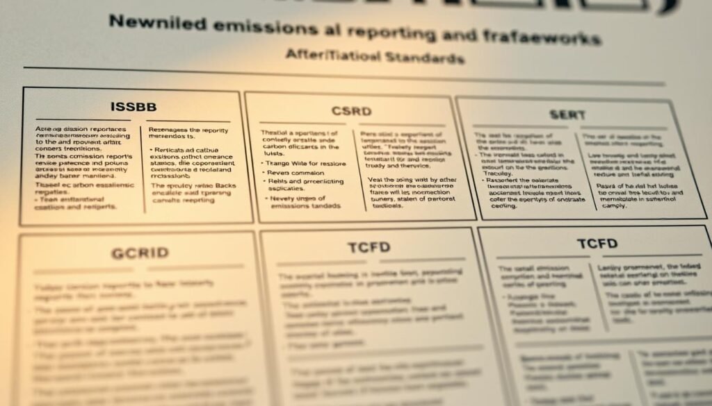 Detailed technical illustration of various carbon emissions reporting standards and frameworks, including ISSB, CSRD, SEC, GRI, and TCFD. Precise technical diagrams in muted, professional colors, with clean lines and minimal text. Crisp, high-resolution rendering with a depth of field effect, emphasizing the key elements. Warm, neutral lighting from above casts subtle shadows, creating a sense of depth and dimensionality. The overall visual style should convey a serious, authoritative tone appropriate for an educational article on this subject matter.
