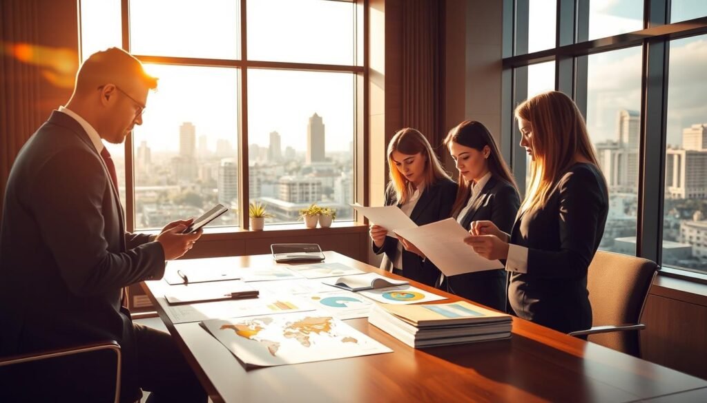 Evaluación firma mercado colombiano: A sophisticated executive search office in Bogotá, Colombia. Warm, natural lighting illuminates the professional setting. In the foreground, a team of consultants intently review candidate profiles, expressions of focus and evaluation. In the middle ground, a table displays an array of market research materials, heat maps, and industry reports. The background features large windows overlooking the dynamic Bogotá skyline, conveying the firm's deep understanding of the local executive talent landscape. An atmosphere of diligence, expertise, and insight permeates the scene.