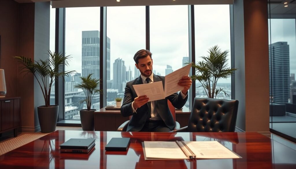 Investment visa: Elegant modern office interior, large windows with city skyline view, businessman in suit reviewing investment documents, polished wooden desk, plush leather chair, strategically placed potted plants, warm lighting creating a refined, professional atmosphere, subdued color palette of greys, blacks, and beige tones, camera angle slightly elevated to convey a sense of authority and importance, shallow depth of field to focus attention on the central figure and paperwork.