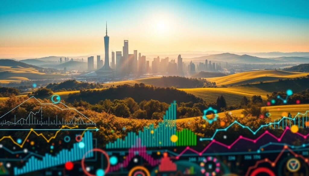 Leads and growth: a dynamic landscape of opportunity. In the foreground, a diverse array of colorful data visualization elements - graphs, charts, and infographics - capture the essence of lead generation and conversion optimization. The middle ground features a sleek, futuristic city skyline, symbolizing the power of automation and AI-driven processes. Soft, diffused lighting casts a warm, inviting glow, while the background showcases rolling hills and a serene, sun-dappled meadow, representing the natural flow of business growth. The overall atmosphere is one of efficiency, innovation, and boundless potential.