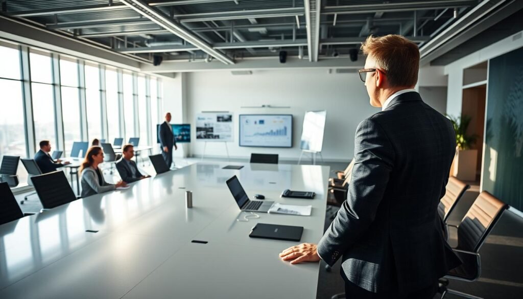 Liderazgo y disciplina operativa: A panoramic view of a modern, forward-thinking corporate office. In the foreground, a confident CEO stands at the head of a large conference table, addressing a team of managers with an authoritative yet inspiring presence. Mid-ground, employees collaborate intently, digital screens and whiteboards displaying data and strategy. The background reveals an expansive, sunlit workspace with sleek, minimalist design, conveying a sense of efficiency, innovation, and a culture of operational excellence. Lighting: Bright, directional lighting from large windows, creating dramatic shadows and highlights. Lens: Wide-angle lens to capture the full scope of the scene. Angle: Slightly elevated, providing an overview of the dynamic workspace. Mood: Purposeful, focused, and ambitious.