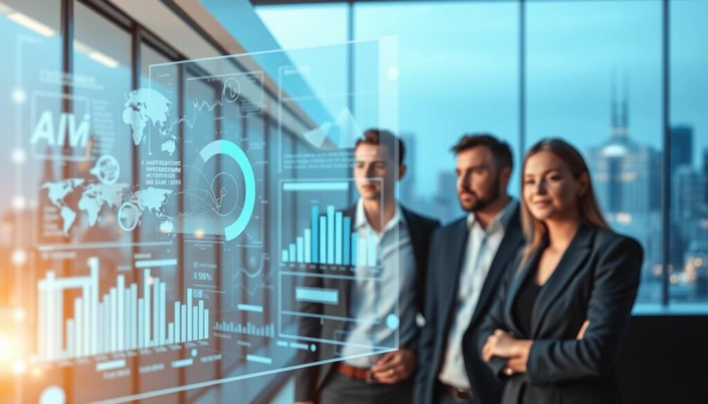 Predictive insights, a captivating intersection of artificial intelligence and executive recruitment. In the foreground, a holographic display showcases dynamic data visualizations, conveying the power of AI-driven analysis. The middle ground features a sleek, modern office setting, where a team of executives collaborates, their expressions reflecting the transformative potential of these predictive tools. The background blurs into a cityscape, symbolizing the far-reaching impact of these advancements on the future of talent management. Illuminated by soft, directional lighting, the scene exudes a sense of innovation, precision, and a glimpse into the cutting edge of executive recruitment.