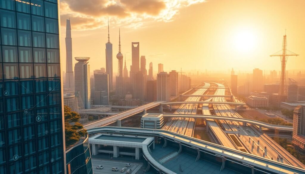 Prompt A futuristic cityscape bathed in warm, golden light, showcasing a dynamic infrastructure of towering skyscrapers, gleaming bridges, and an intricate network of high-tech communication towers. In the foreground, a sleek, glass-paneled building with subtle cybersecurity motifs adorning its facade, symbolizing the cutting-edge technology powering the digital transformation. The middle ground features a bustling urban landscape with autonomous vehicles and pedestrians navigating the well-designed, eco-friendly streets. The background is a panoramic vista of the city, with a vibrant, sunlit sky above, conveying a sense of progress, efficiency, and a reliable, secure digital infrastructure.